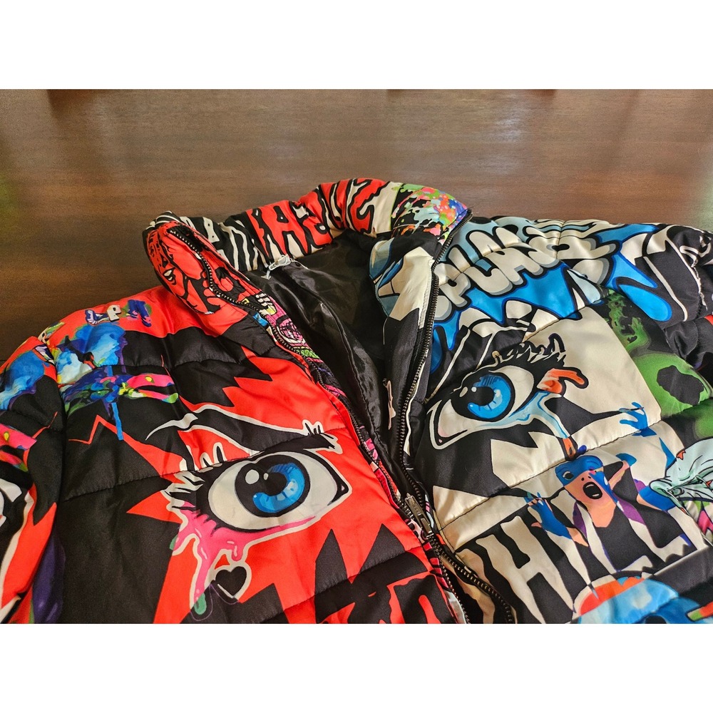 Sugarhill Puffer Jacket Mens Medium Multicolor Graffiti Pop Art Comic Print Zip
